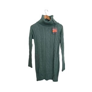 Green Cable Knit Turtleneck Sweater Dress